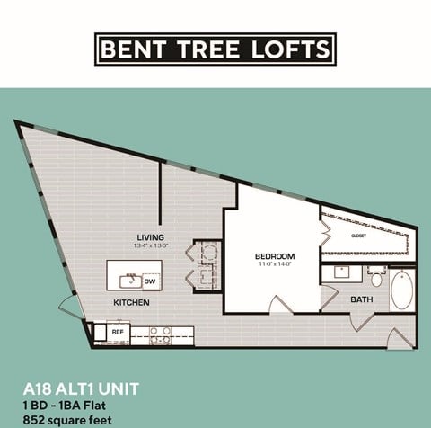 Floor plan for 1 bed, 1 bath, 852 sqft